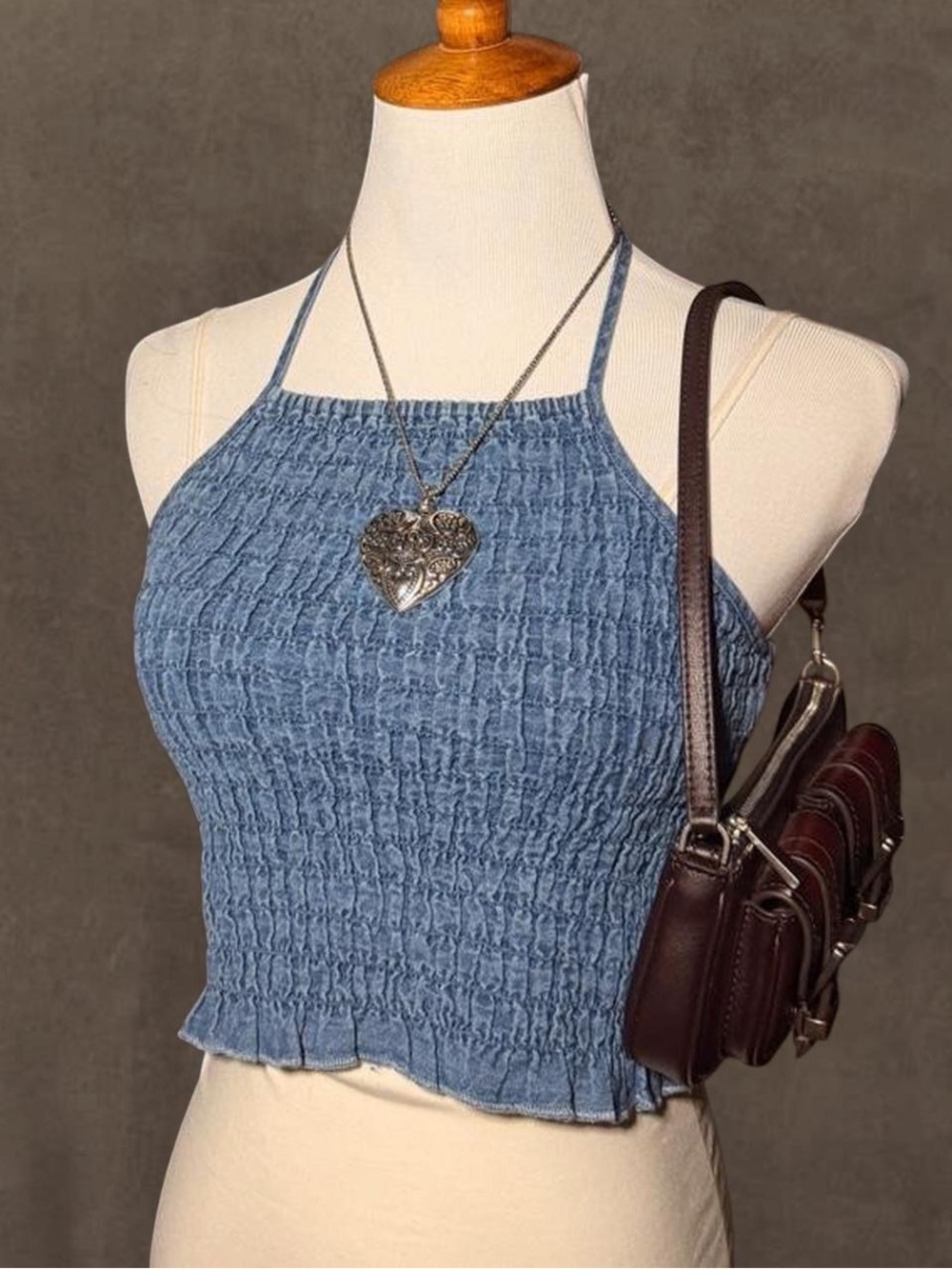 aerie Blue Smocked Halter Crop Top